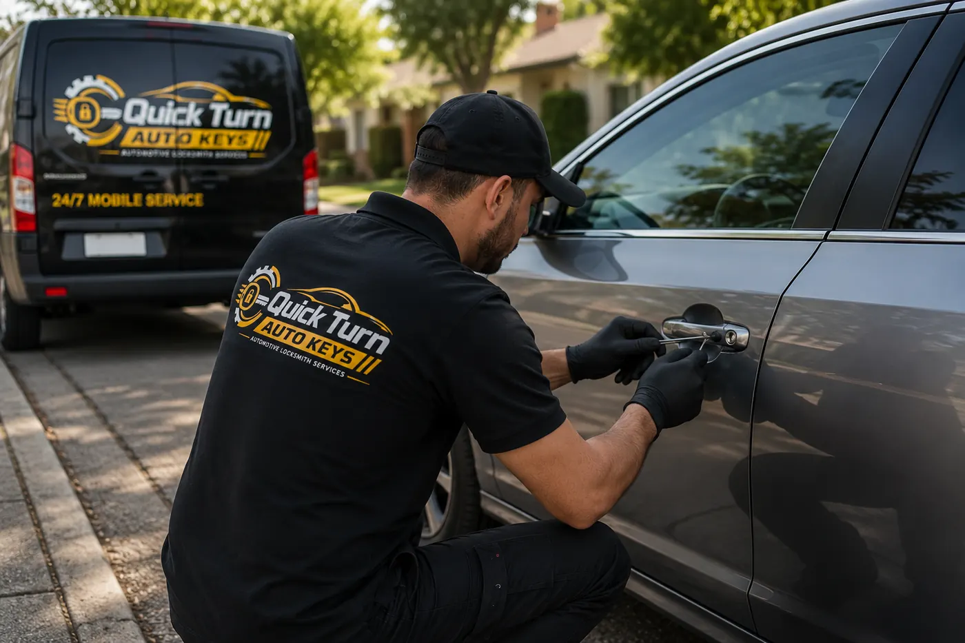 Locksmith picking a car door lock